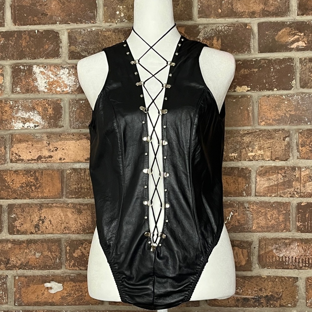 Flirty Black Backless Genuine Leather Bodysuit